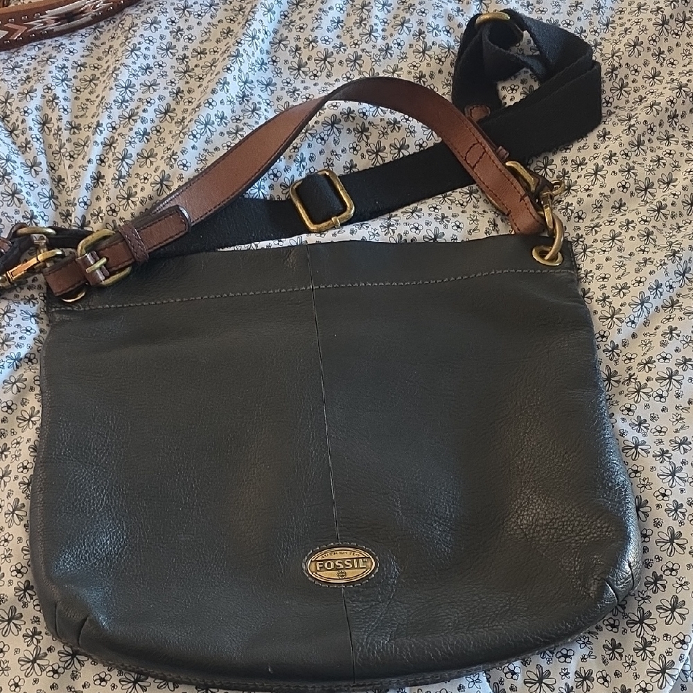 Fossil Dark Gray and Tan Leather Crossbody Bag